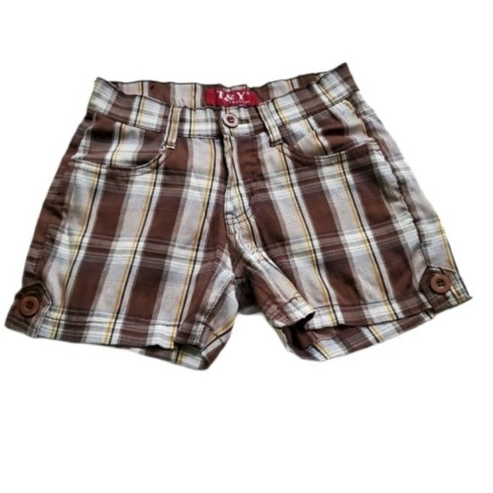 T & Y Fashion Plaid shorts womens size 0/XXS‎ brown/white color pockets button